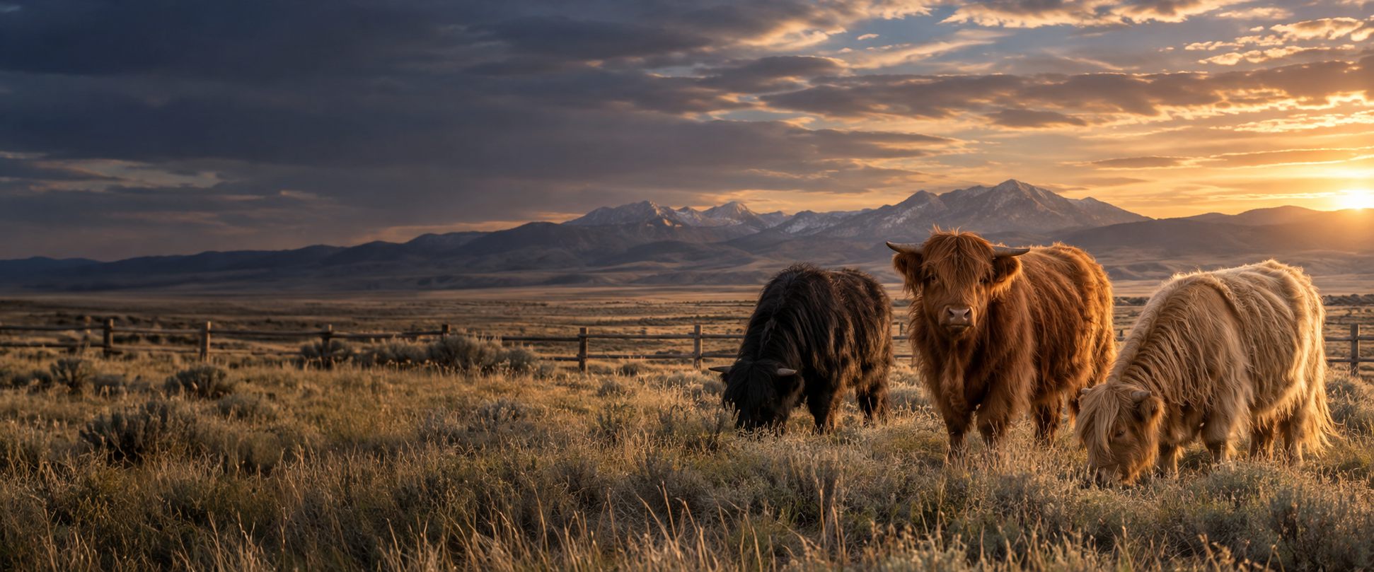 Mini Highland cattle grazing on western ranchland at sunset