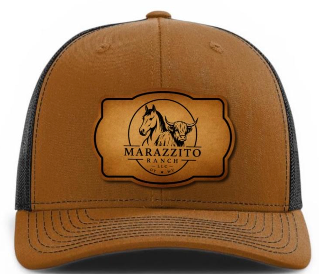 Split caramel and black Marazzito Ranch trucker hat with leather logo patch