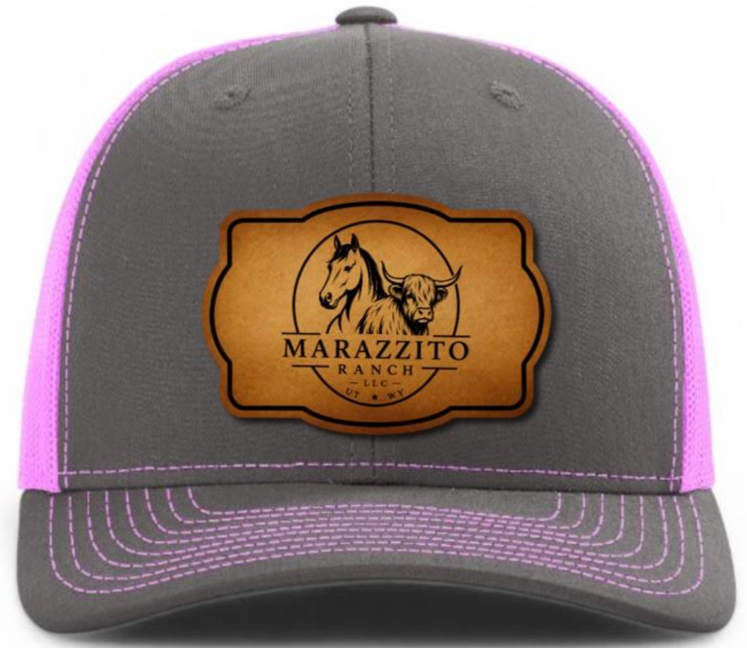 Charcoal grey and neon pink Marazzito Ranch trucker hat with leather logo patch