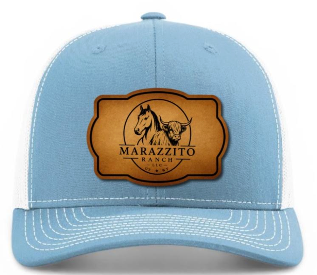 Columbia blue and white Marazzito Ranch trucker hat with leather logo patch