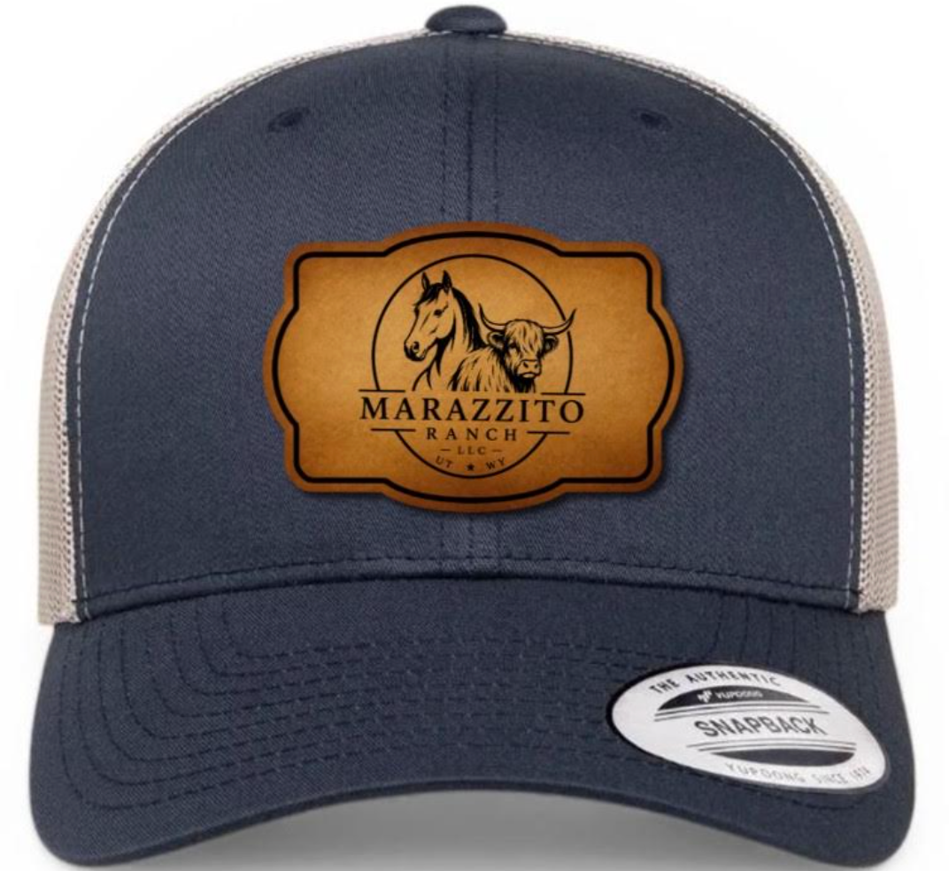 Navy and white Marazzito Ranch trucker hat with leather logo patch