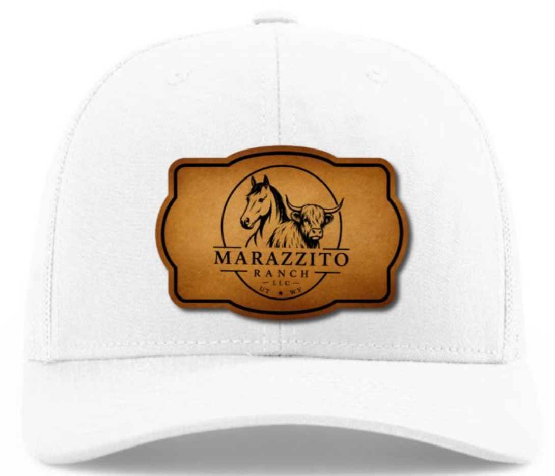 Solid white Marazzito Ranch trucker hat with leather logo patch